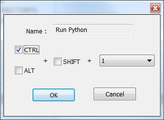 Double- click the "Run Python" script name to bring up the "Shortcut" box. In this box, you can enter the desired short cut for the " Run Python" script.