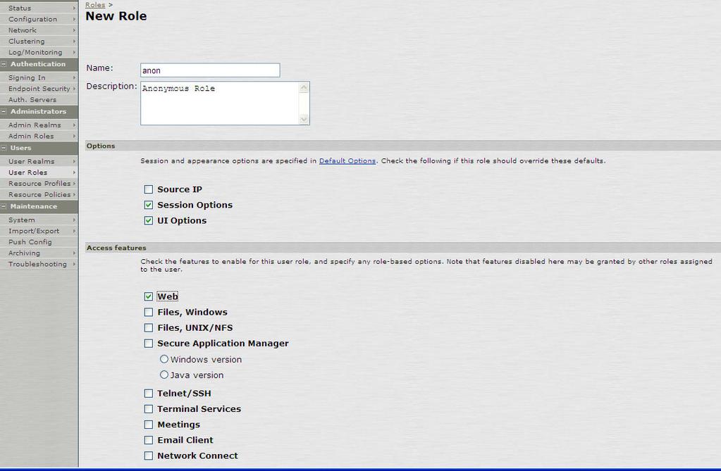 CREATING AN ANONYMOUS USER ROLE Select the page Users/User Roles and from this select New Role, enter a name for the role, ensure only UI and Web are selected and then click on Save Changes. Figure 2.