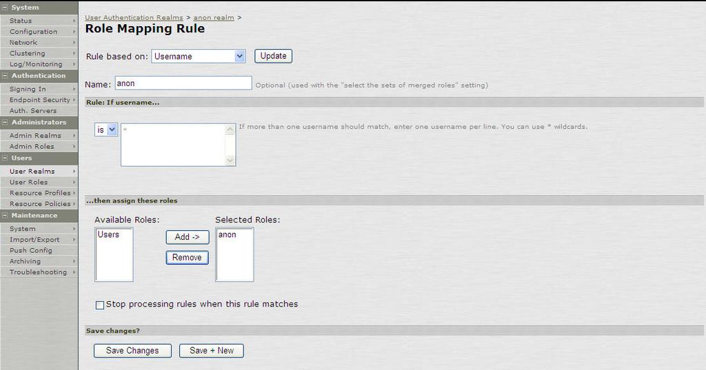 Select the Role Mapping page from User Realm/Anon Realm/Role