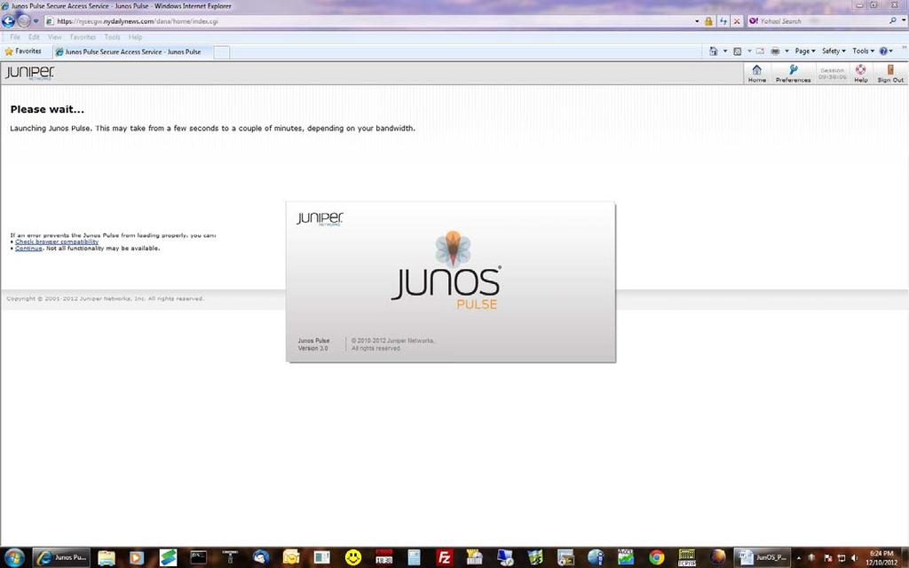 Figure 8 Junos pulse install completed (splash screen displayed) You can close the browser once you see the Junos splash screen appear and then