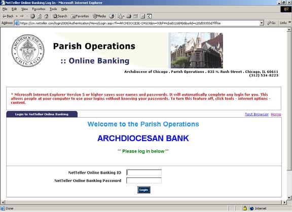 Website Information Connect to Archdiocese of Chicago Parish Operations Archdiocesan Bank NetTeller Online Banking www.netteller.
