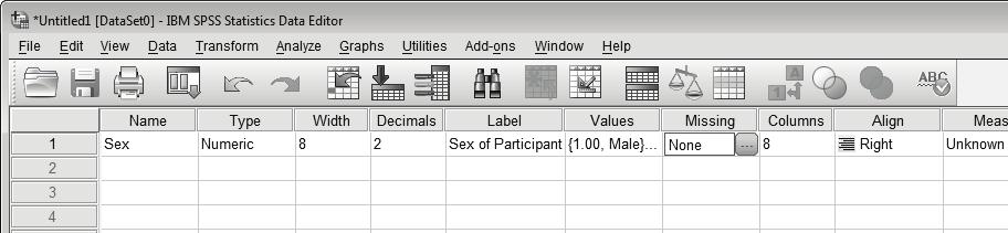 Data entry in SPSS 33 right hand end of the cell. Click on this button to call up the Missing Values dialogue box (see below) Note we can see the value labels we added in the previous step.