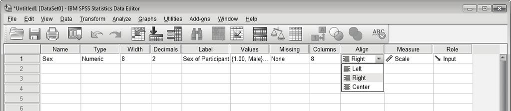 Data entry in SPSS 35 If you wish to change the Column Alignment, click in the Align cell and then click on the menu button that will appear in the cell and select the required alignment from the