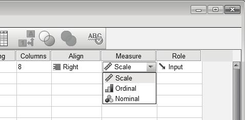 This column is used to specify the level of measurement for the variable. SPSS offers three options: Nominal, Ordinal and Scale.