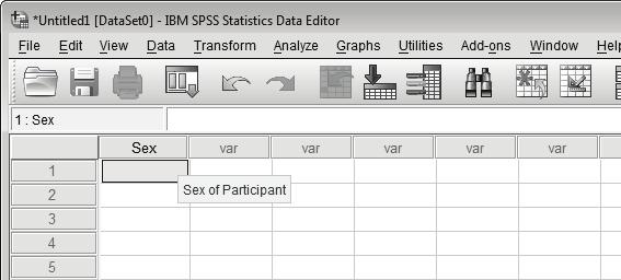Data entry in SPSS 37 The new variable name appears at the top of the column. This column is now ready to accept data.