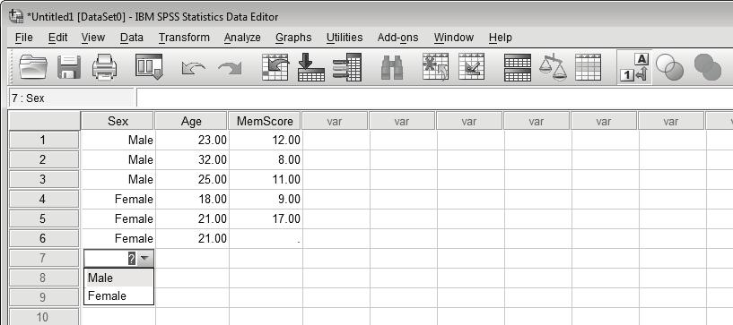 40 SPSS for psychologists Click on the Value Labels button to toggle between displaying the values entered (as shown here) and the associated labels (see below).