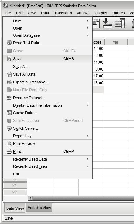 Data entry in SPSS 41 SECTION 4: SAVING A DATA FILE You will have spent a lot of time entering your data, so remember to save the data file as soon as you have checked it carefully.