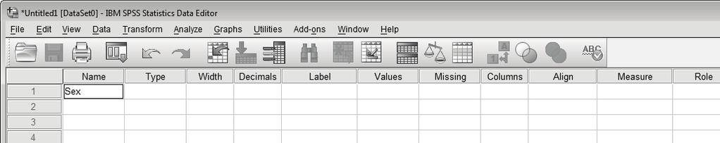 28 SPSS for psychologists Variable name The first thing we need to do is to give the variable a meaningful name. Type the name of your first variable into the first row of the Name column.