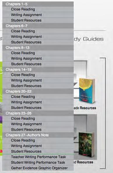 Clicking the cover of the Assessment Guide or of the Novel Study Guides opens a menu of resources.