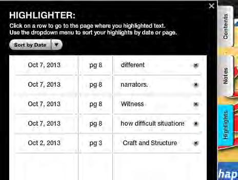 Highlights: The Highlights tab allows students to view previously highlighted text in the ebook.