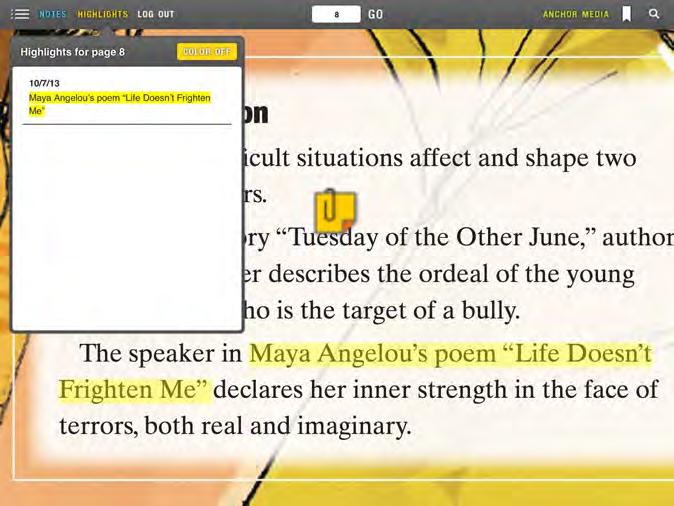 Highlights ebook pages that contain highlights show the Highlights link illuminated in yellow. Individual highlights appear on the page.