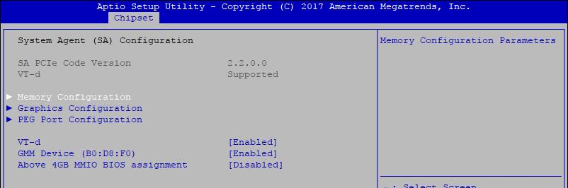 4.4 Chipset Functions Figure 4-4: BIOS Chipset Menu System Agent (SA) Configuration System Agent (SA) parameters.