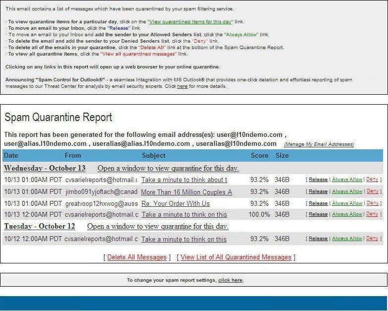 2. Spam Quarantine Report The Spam Quarantine Report is an automatically generated report that is sent to your primary email address.
