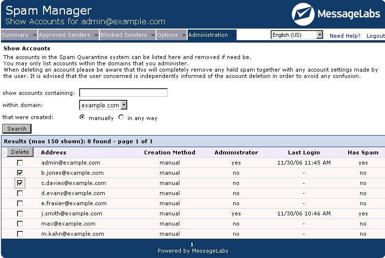 Spam Manager Admin Guide / Managing Accounts Page 11 of 19 4.3 Deleting Spam Manager Accounts You can delete accounts within the domains that you administer.