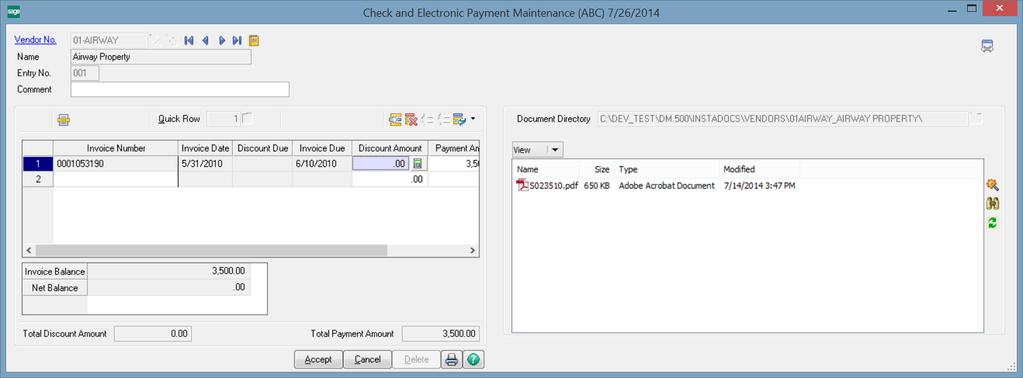22 A/P InstaDocs Check and Electronic Payment Maintenance The InstaDocs Display has been added to the A/P Check and Electronic Payment Maintenance Panel.