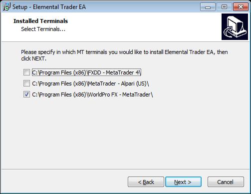 Set the Destination Location folder to install the ElementalTrader EA (for a typical installation choose the