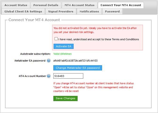 In the Connect Your MT4 Account tab you can activate or deactivate your Client EA. Usually, the EA is deactivated and you need to activate it to start receiving signals.