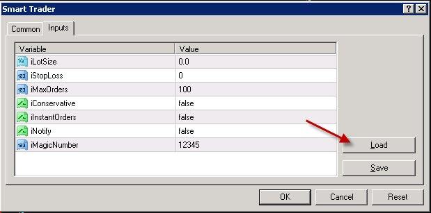 Left click the Smiley Face, click the Load button Left click smarttrader.set, and click Open.