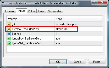 To enable this feature please set ExternalTradeFilter=true and make sure that the ExternalTradeFilterPrefix matches the same value in your external filter indicator settings.