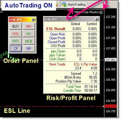 The MTM Components When MTM runs & you have the Expert Advisor (EA) enabled, you will see these panels on your desktop & the ESL Line on your chart.