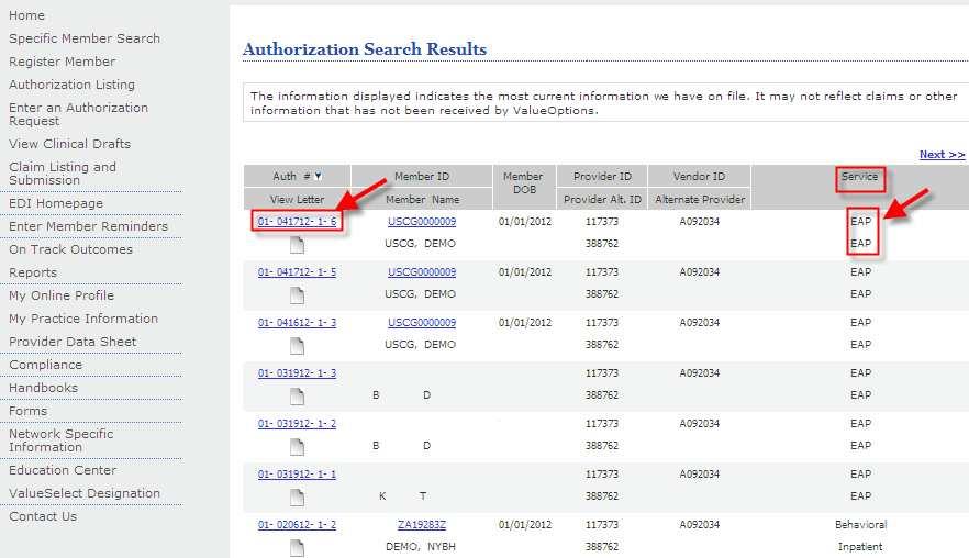 Reviewing the Authorization From the Authorization Search Results page, locate the authorization number for the member.