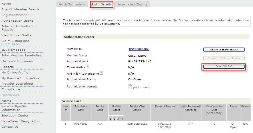 Submitting the Claim From the Auth Details screen, click Enter EAP CAF.