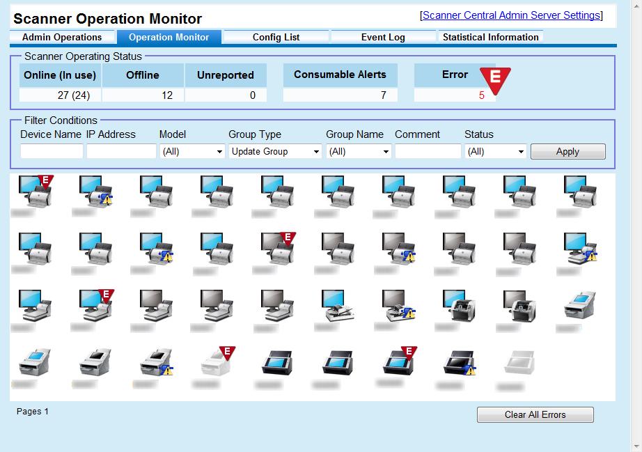 Chapter 3 Server Monitoring the Operating Status Operating status of the scanners can be monitored in the Console window. 1 Press the [Operation Monitor] tab in the Console main window.