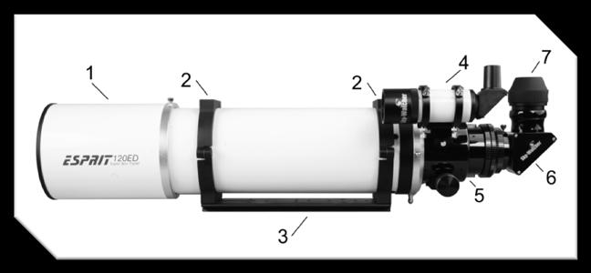 Once open you will find: 1. The telescope with dew cap retracted. 2. The 9x50 erect-image finder scope with tube rings and mount. 3. The 2" (50.