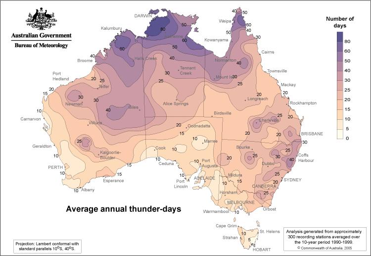 AVERAGE ANNUAL THUNDER-DAY AND LIGHTNING FLASH DENSITY Australian population density The average annual number of thunderdays using data over a ten year period The