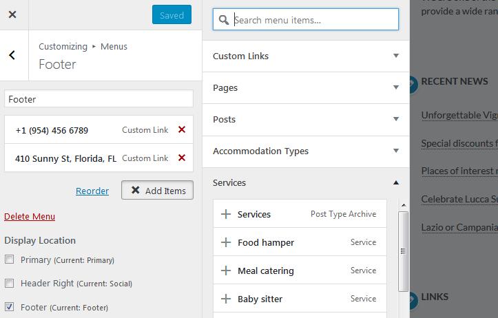 Social icons To add social icons to the Header menu, navigate to WordPress Customizer Menus Add Menu Add Custom links Hader Right (Social) with the appropriate names (e.g. Twitter, Tripadvisor) and links to your social media accounts.