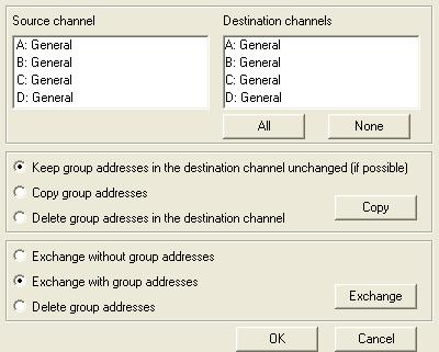 ABB i-bus KNX 3.1.2.2 Copy/exchange channels dialog At the top left, you will see the source channel selection window for marking the source channel.