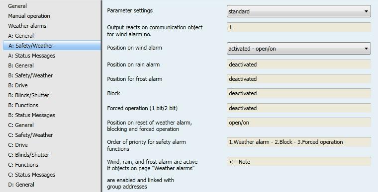 ABB i-bus KNX 3.2.6.1 Parameter window A: Safety/Weather In this parameter window, all settings affecting the function Safety/Weather are undertaken.