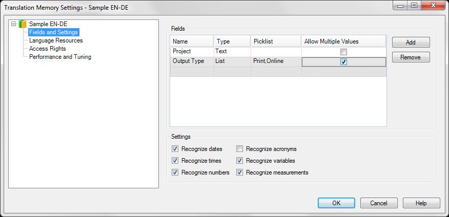 Editing Translation Memory Settings Assume you now want to edit the translation memory settings to create a field that specifies whether the translation unit is used in publications that you print or