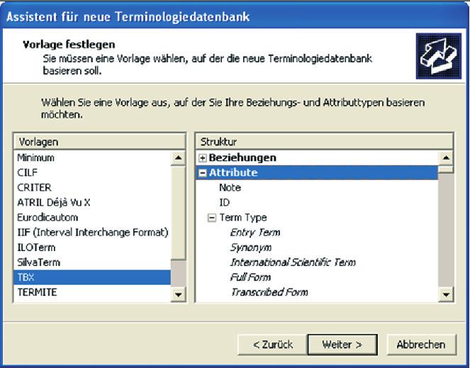 Terminology Exchange without Loss? Band 21(1) 2006 Fig. 5: Pattern selection for the structure of entries in Déjà Vu the case of the Star and the Trados products, i.e. TermStar and MultiTerm, the terminology components can even be purchased separately.