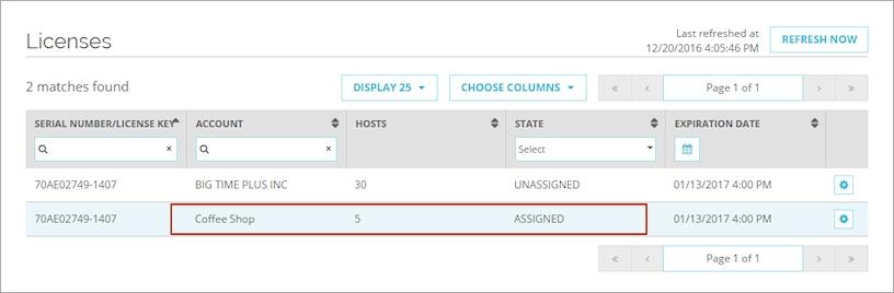 On the line of the unassigned license, at the far right side, click. A drop-down list with the available options appears. 4. Select Assign License. The Assign License dialog box appears. 5.