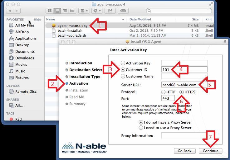 Follow the steps below, the numbers correspond with the arrows in the picture below. 1. Run the installer package 2. Proceed to the Activation Step 3. Select Customer ID 4.