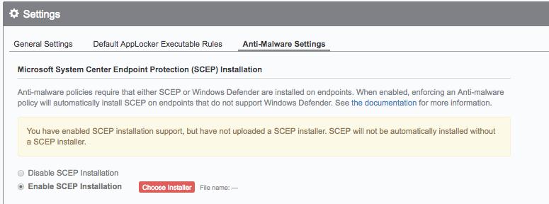 This error can also appear on the Policies page or on the Anti-Malware Settings page.