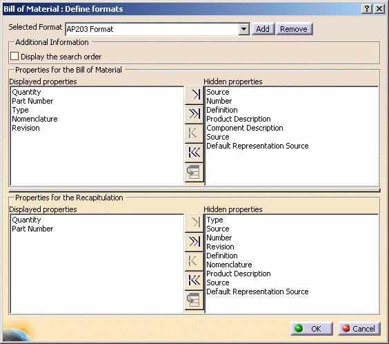 Page 185 4. Now click the Define formats button to customize the display of your bill of material. A new dialog box appears, indicating the default format, i.e. AP203 format.