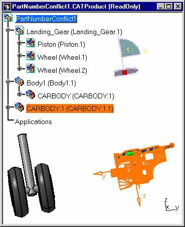 Page 41 For our second example, close PartNumberConflict1.CATProduct without saving. 1. Reopen it. 2. Insert CARBODY.model into Landing_Gear.