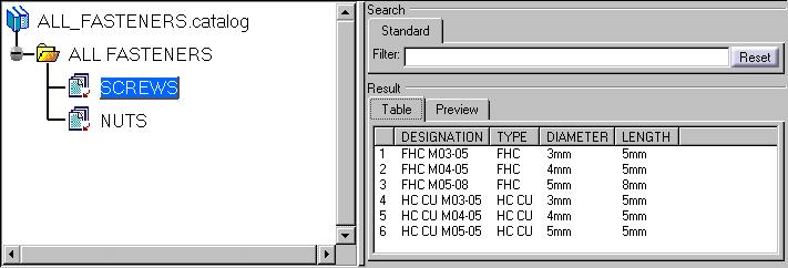 catalog that you created in the scenario Creating a Catalog in CATIA Component Catalog Editor User's Guide. Double-click on the main chapter, FASTENERS.