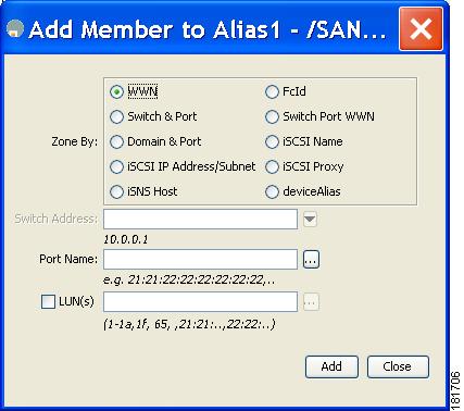Zone Sets Chapter 30 Figure 30-26 Add Member to Alias Dialog Box The Device Alias radio button is visible only if device alias is in enhanced mode.