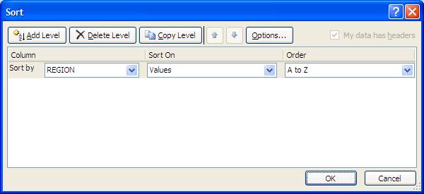 From the drop down box in the Column field, select the first column by which you want to sort, specify