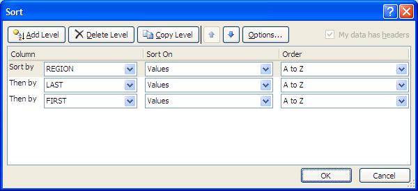 To add another column, click Add Level; specify the Sort On and Order options.