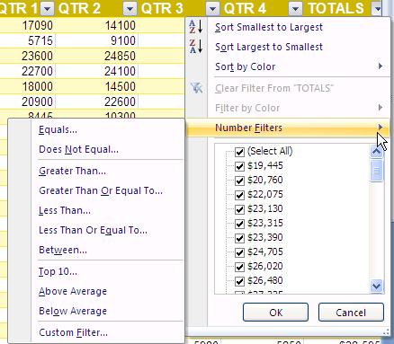 Number Filtering When filtering columns containing numbers, additional filter options are available. Click the for the number column you want to filter and select Number Filters.