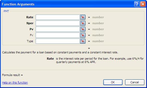 4. Click OK to close the dialog box. The Formula Arguments palette displays. The example below is for the PMT function. Description of selected field 5.