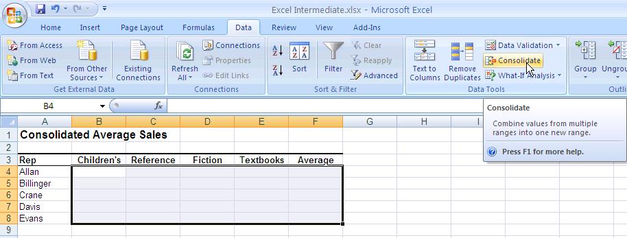 Consolidating Worksheets You can use data consolidation to assemble information from supporting worksheets into a single master worksheet. You can consolidate by position or by category.