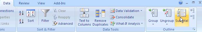 Working with Data Excel 2007 has many convenient features for working with data and summarizing large worksheets. Subtotals Excel can create subtotals based upon your column headings.
