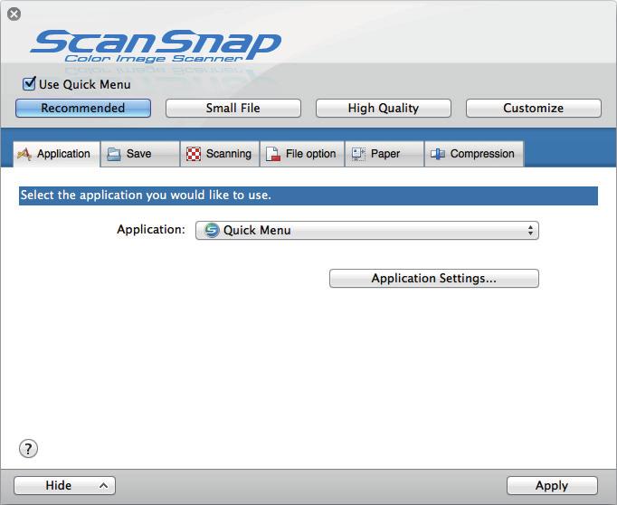 ScanSnap Setup Window ScanSnap Setup Window When you click the ScanSnap Manager icon while holding down the [control] key on the keyboard, and then select [Settings] from the "ScanSnap Manager Menu"