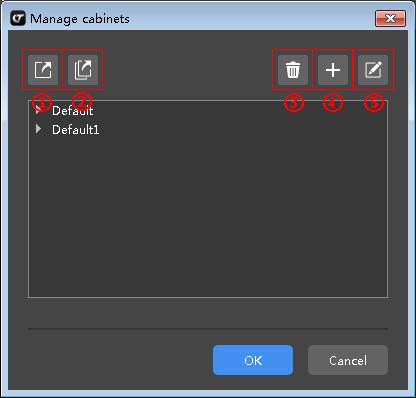 2 3 4 5 Export all: Export all the cabinet information to file Delete: Delete selected cabinets. Add: Add new cabinets. Edit: Edit selected cabinets.