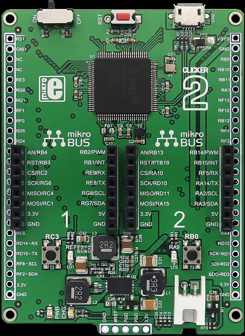 Key Features 8 ON/OFF switch Reset button 3 PIC3MZ MCU 4 mikrobus sockets and 5 Pushbuttons 6 Additional LEDs 7 Indication LEDs 8 Micro USB